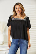 Double Take Black Contrast Square Neck Puff Sleeve Blouse *