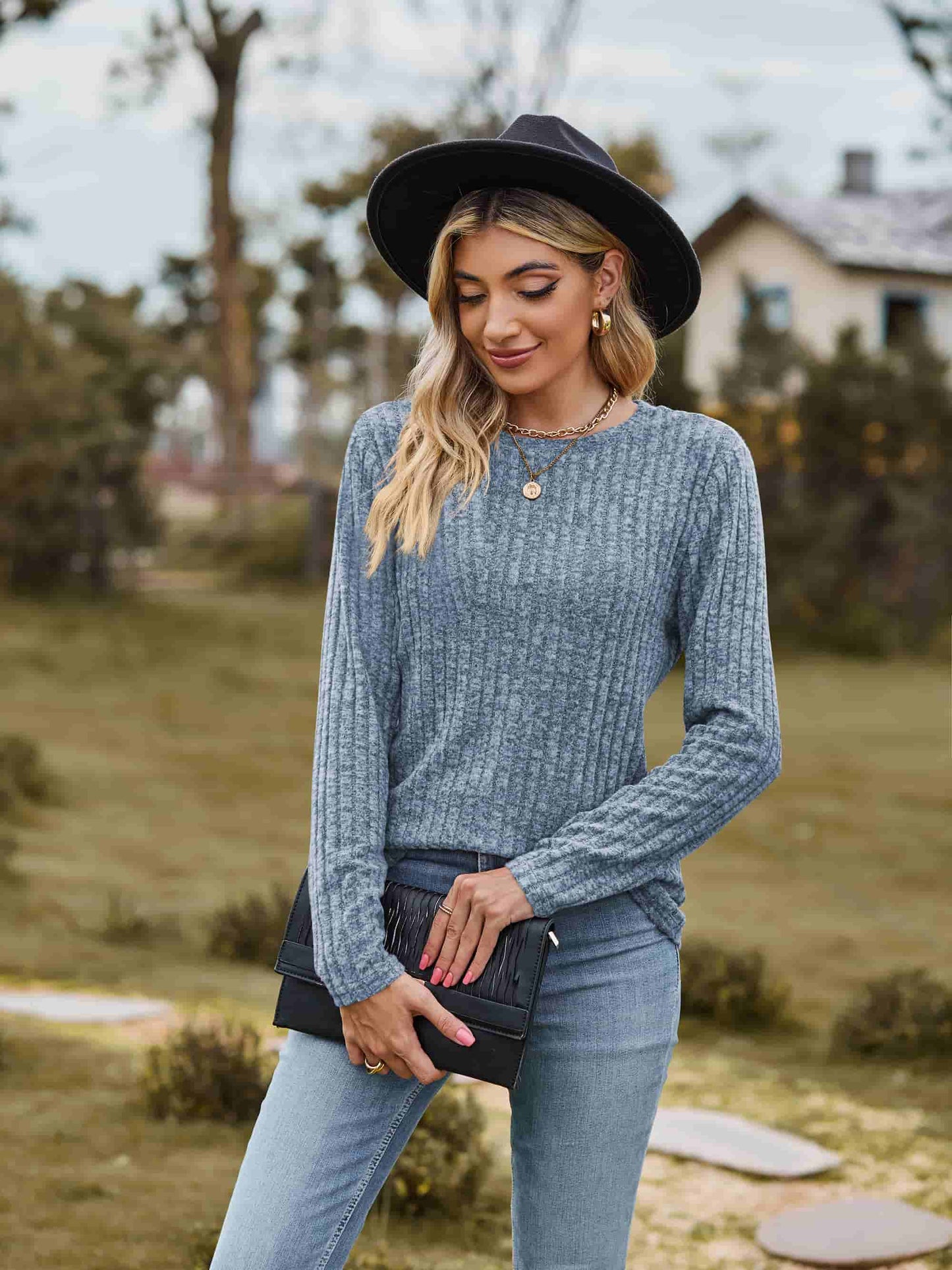 Full Size Ribbed Round Neck Long Sleeve Tee