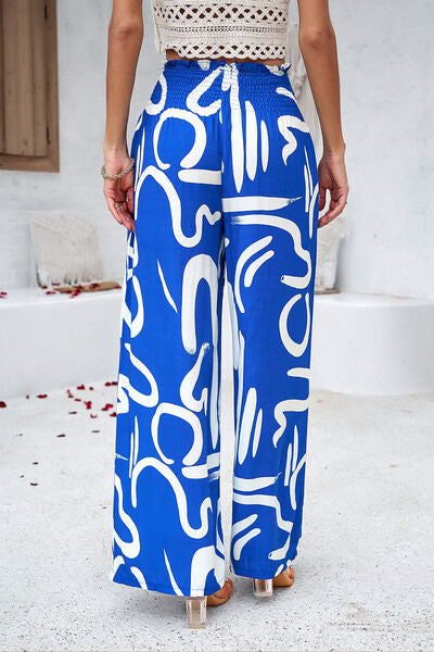 Smocked Printed Wide Leg Pants with Pockets