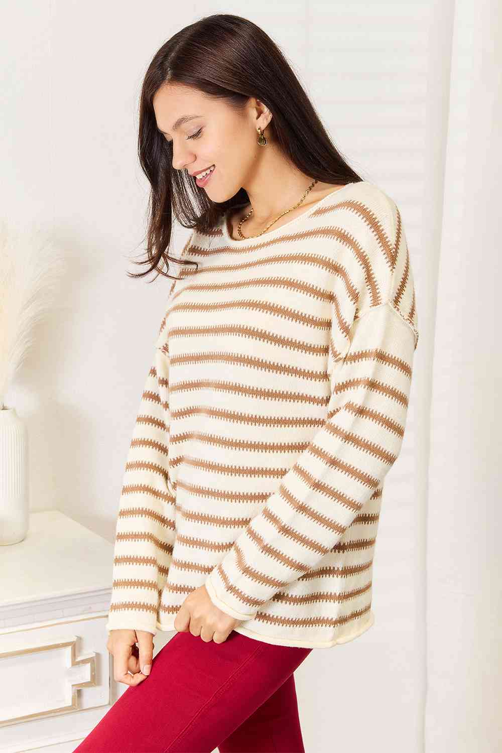 Double Take Striped Boat Neck Sweater *