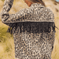 Leopard Fringe Detail Collared Neck Denim Jacket
