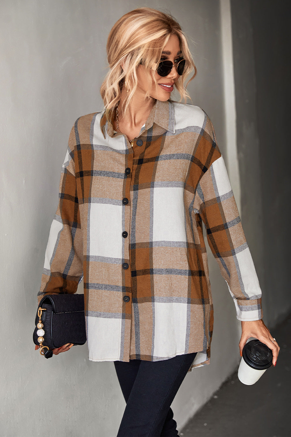 Adriana & Bae Plaid Collared Neck Longline Shirt