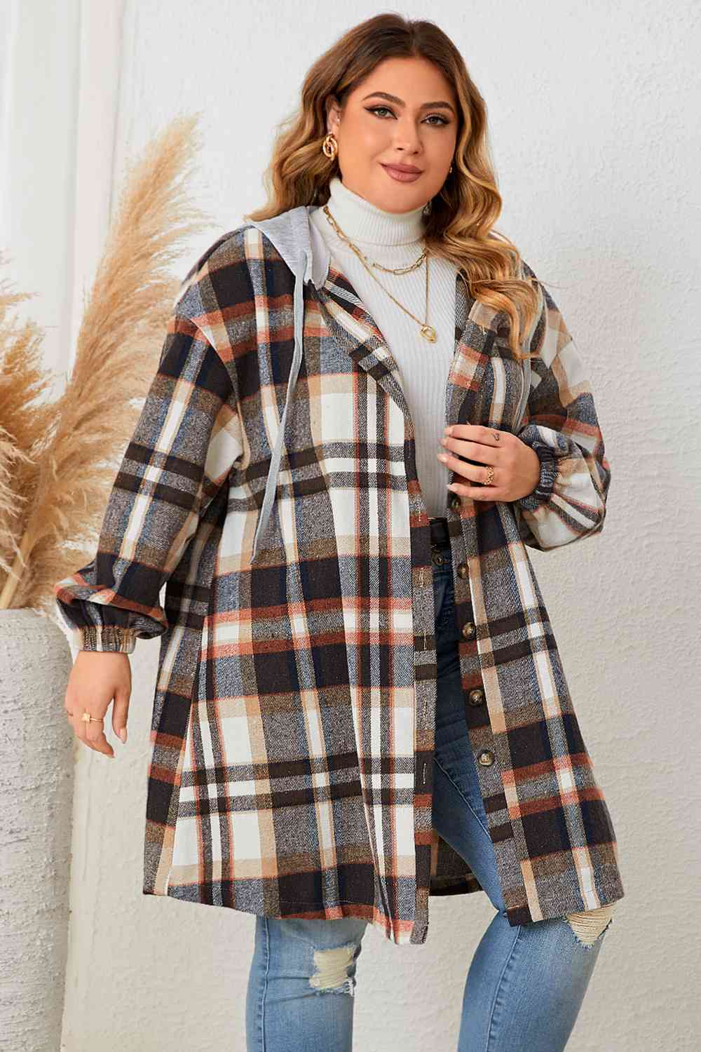 Adrien Planet Black Plus Size Plaid Drop Shoulder Hooded Coat