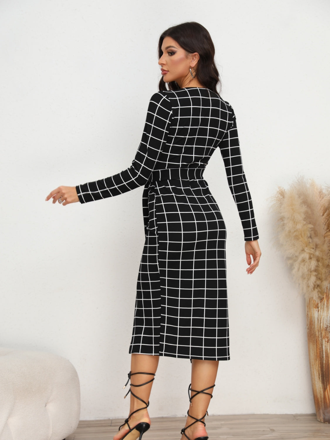 Full Size Plaid Long Sleeve Slit Dress