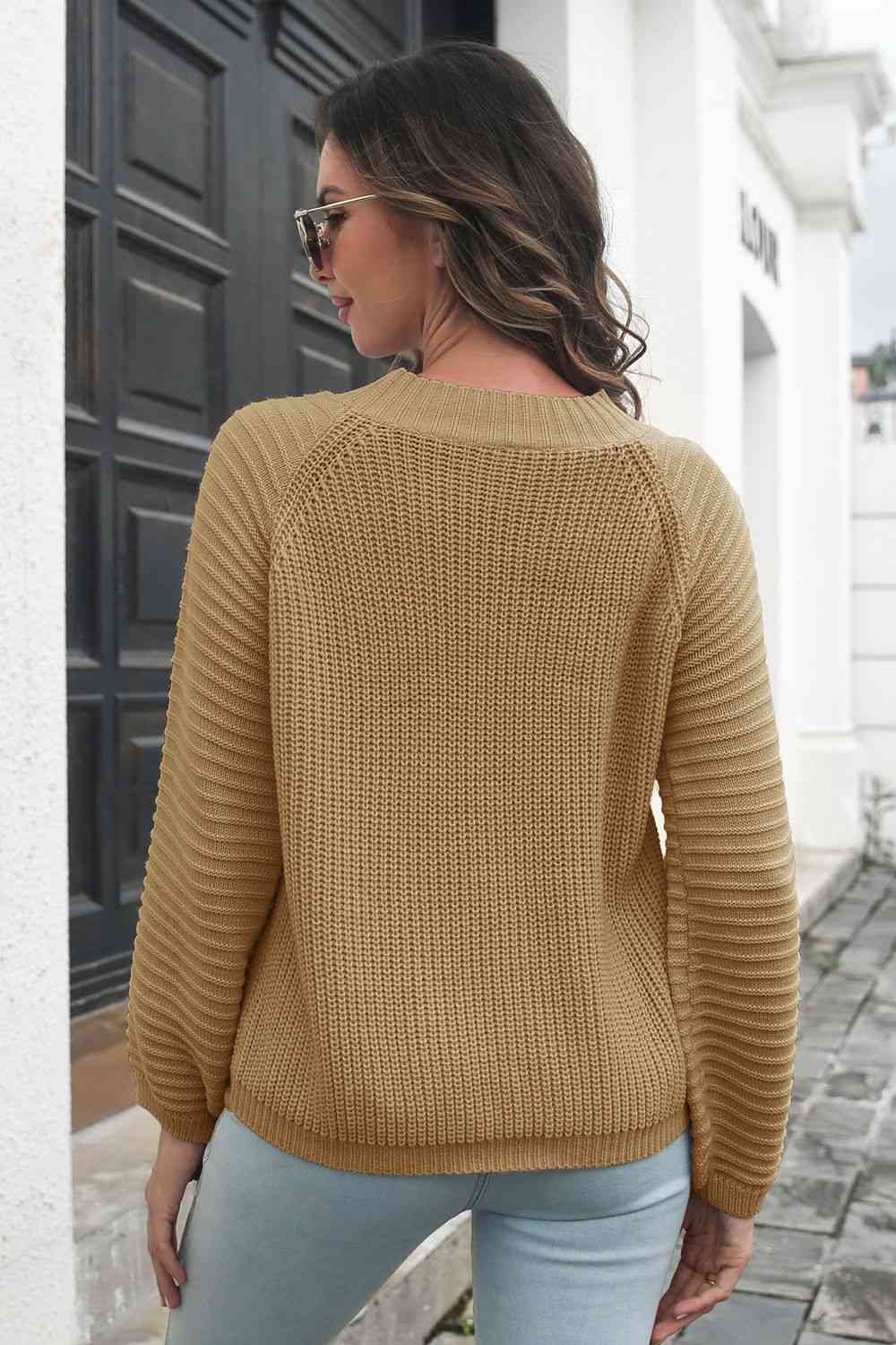 KnittedEmporium Round Neck Rib-Knit Sweater