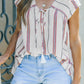 Full Size Wonderful Whites Striped V-Neck Tassel Tie Blouse