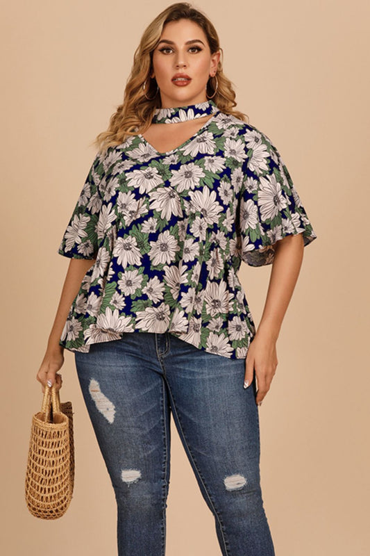 Women's Plus Size Floral Flutter Sleeve Cutout Blouse