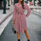 Printed Notched Tie Front Long Sleeve Dress