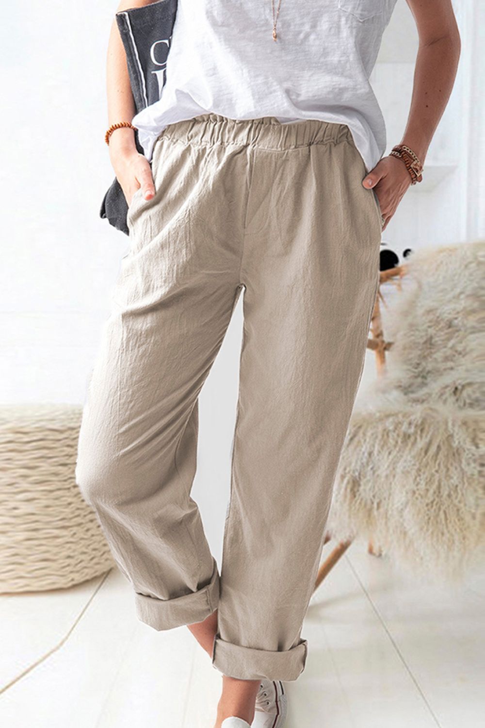 Women's Full Size Paperbag Waist Pull-On Pants with Pockets