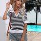Striped Johnny Collar Half Sleeve Knit Top