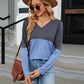 Full Size V-Neck Long Sleeve Two-Tone T-Shirt