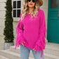Ribbed Round Neck Fringe Detail Sweater