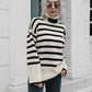 Striped Slit Turtleneck Drop Shoulder Sweater