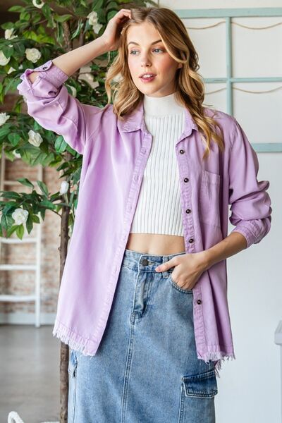 Veveret Raw Hem Button Up Long Sleeve Shirt *