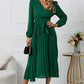 Full Size V-Neck Long Sleeve Tie Waist Midi Dress