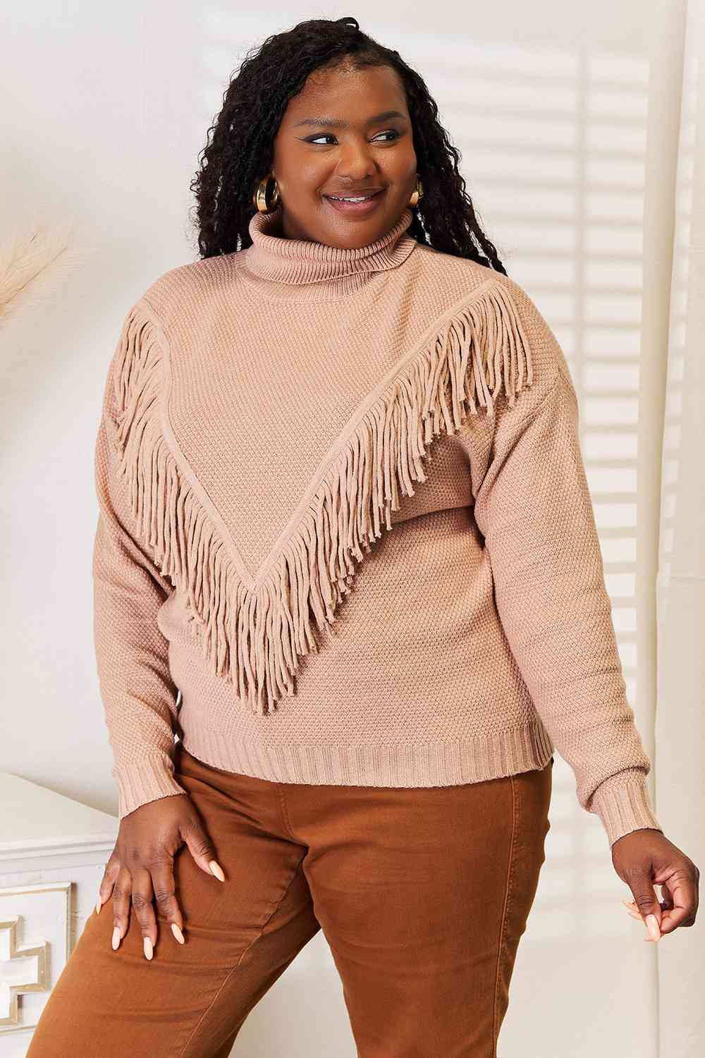 Woven Right Turtleneck Fringe Front Long Sleeve Sweater *