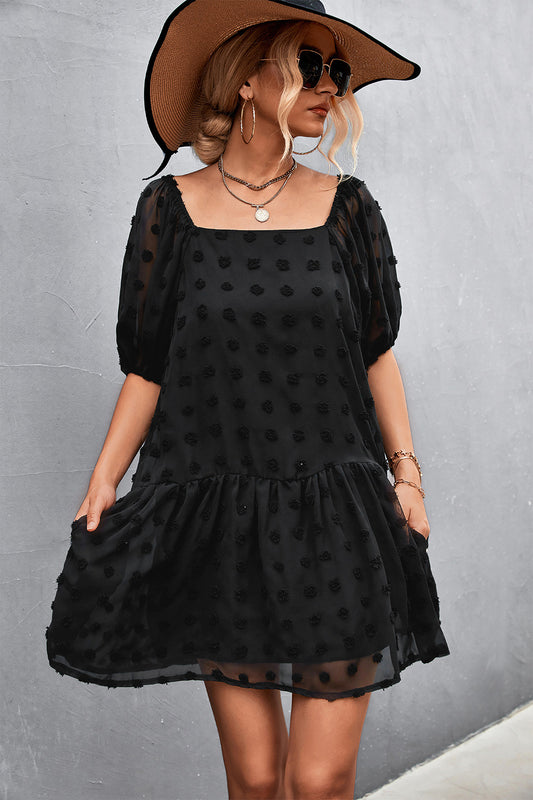 Women's Swiss Dot Square Neck Half Balloon Sleeve Dress