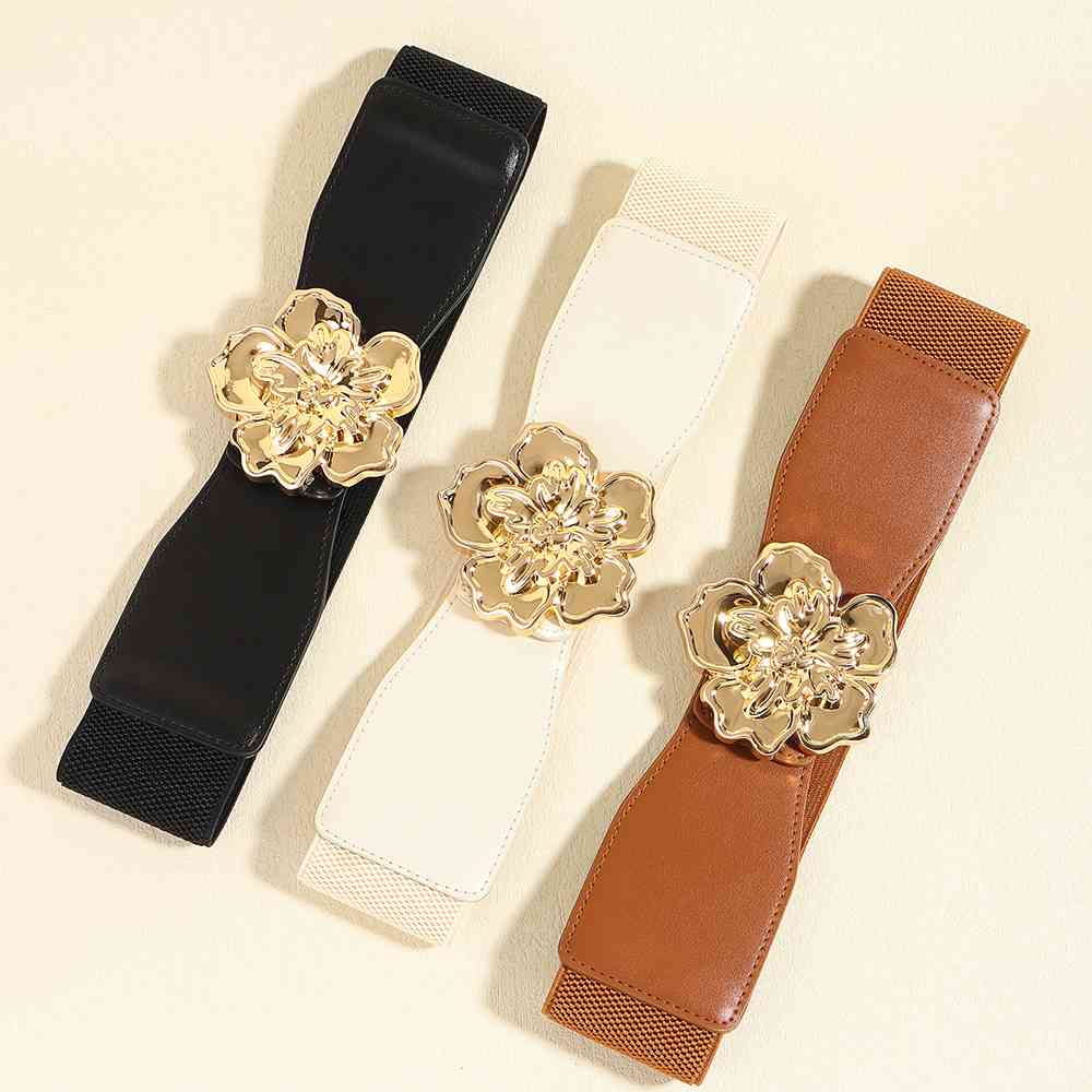 Chic Woman Flower Alloy Buckle Elastic Belt