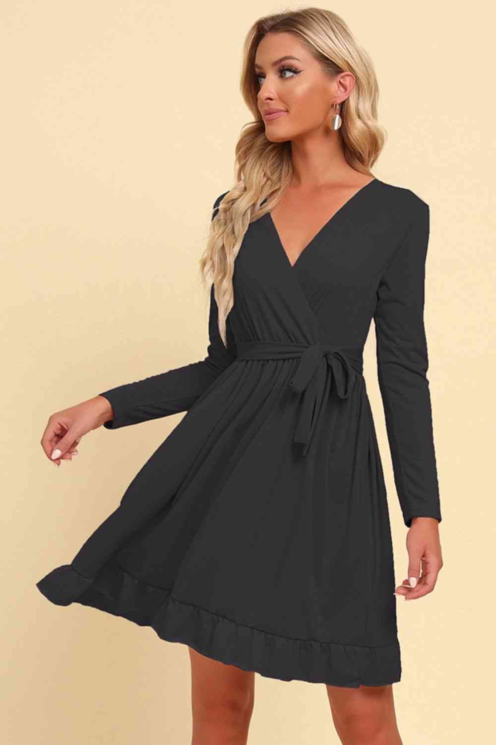 FULL SIZE Long Sleeve Tie Waist Ruffle Hem Dress