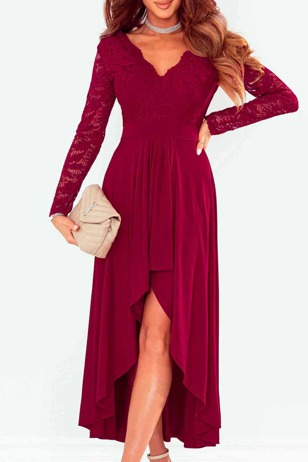 Full Size Lace High-Low V-Neck Dress