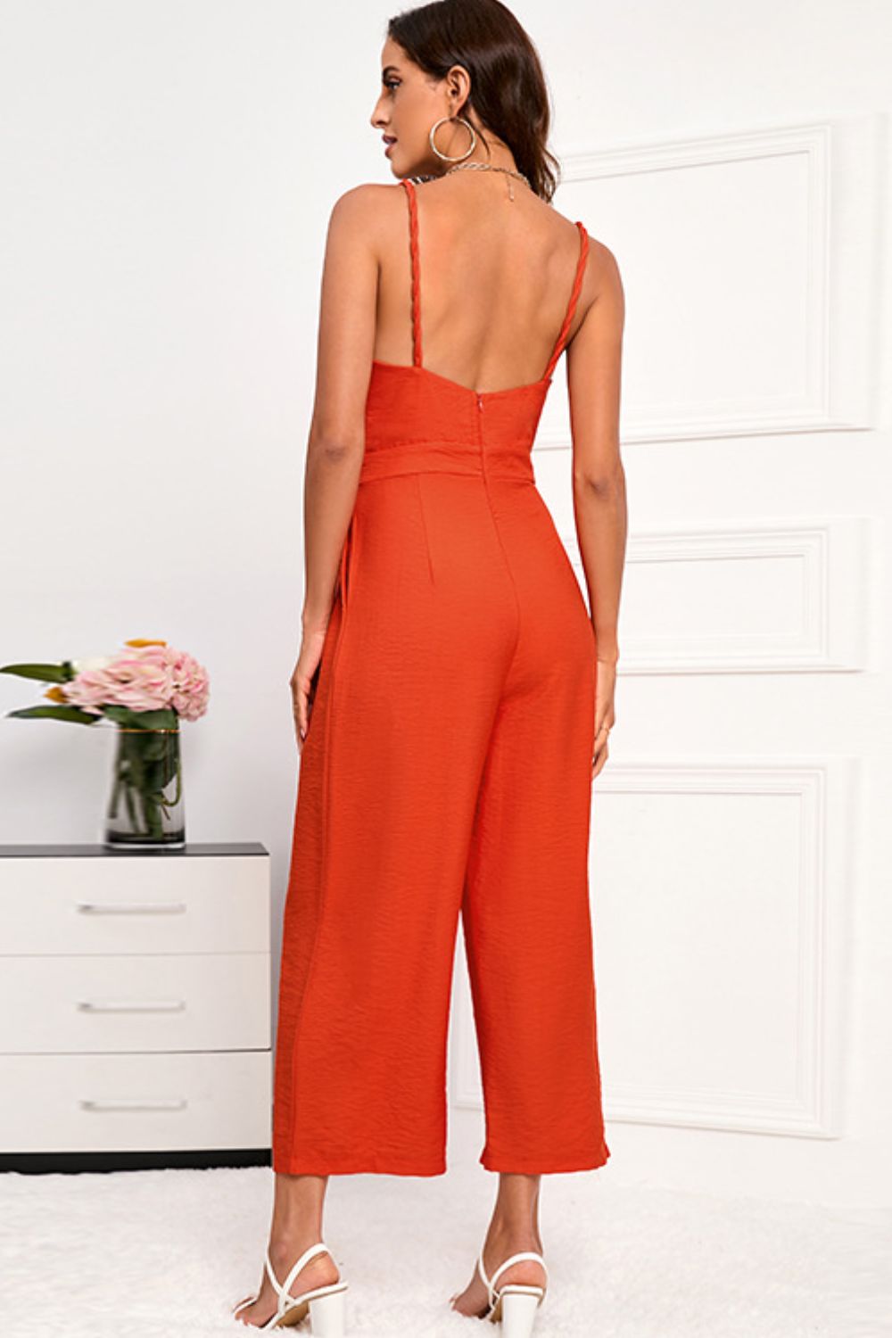 Double Crazy Spaghetti Strap Wide Leg Jumpsuit with Pockets *