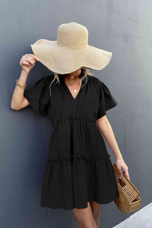 Women's Black Frill Trim Smocked Tie Neck Dress