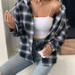 Plaid Drawstring Button Up Hooded Jacket