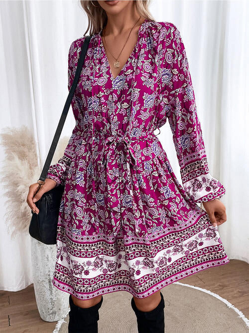 OhSoMidi Lilac Purple Floral Tie Neck Balloon Sleeve Dress