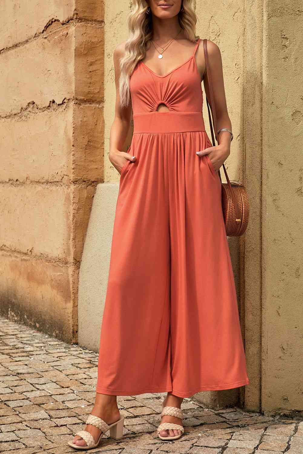 BeautifyJumpers Smocked Spaghetti Strap Wide Leg Jumpsuit