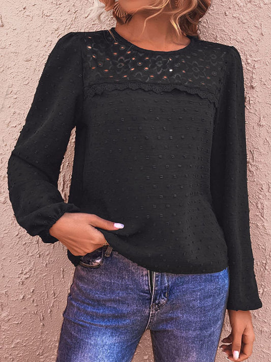 Women's Black Swiss Dot Lace Trim Long Sleeve Blouse