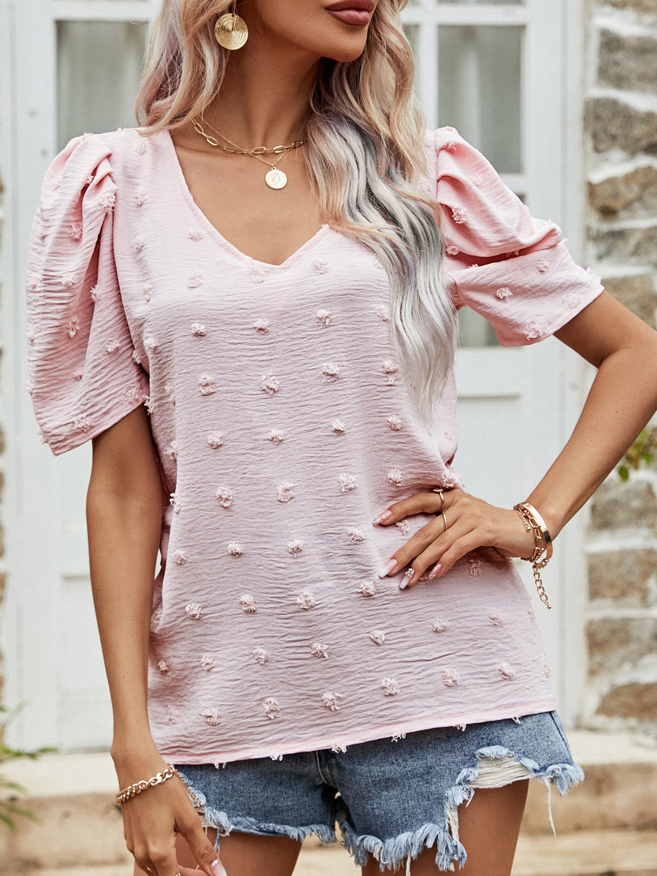 Women's Swiss Dot Short Puff Sleeve Top