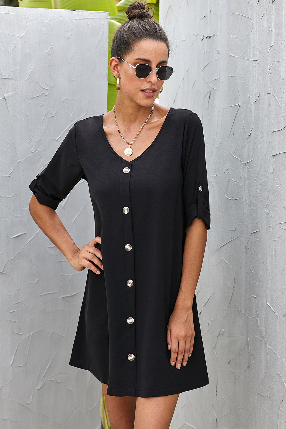 Women's Buttoned V-Neck Dress