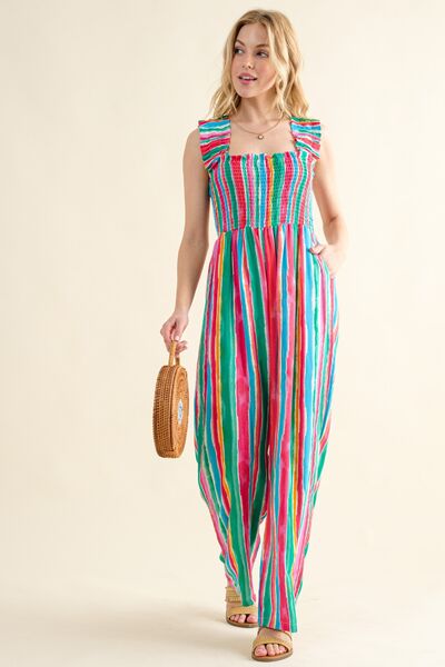 And The Why Full Size Striped Smocked Sleeveless Jumpsuit *