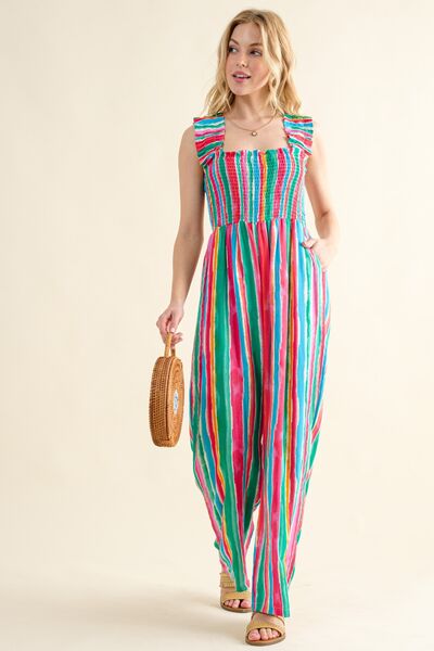 And The Why Full Size Striped Smocked Sleeveless Jumpsuit