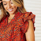 Double Take Red Orange Floral Flutter Sleeve Notched Neck Blouse