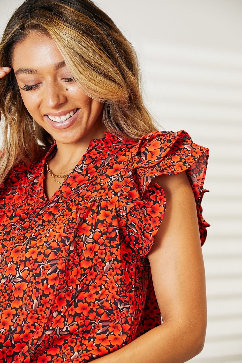 Double Take Red Orange Floral Flutter Sleeve Notched Neck Blouse