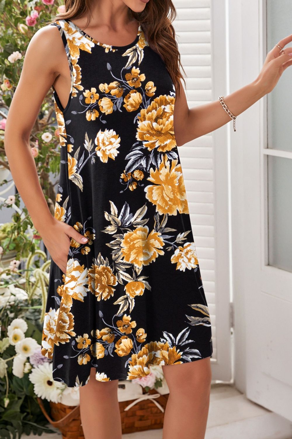 Full Size Printed Round Neck Sleeveless Dress