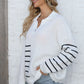 One Size Ribbed Notched Neck Striped Long Sleeve Sweater