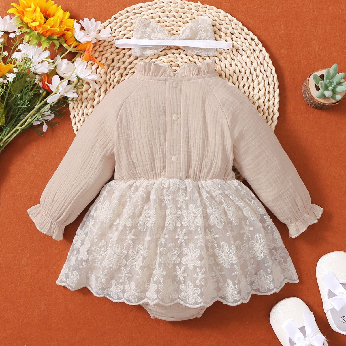 LITTLE GIRLS Apricot Two-Tone Lace Bodysuit Dress SZ 0M-18M