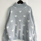 Heart Heathered Turtleneck Drop Shoulder Sweater