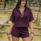 Eyelet Collared Neck Short Sleeve Top and Shorts Set