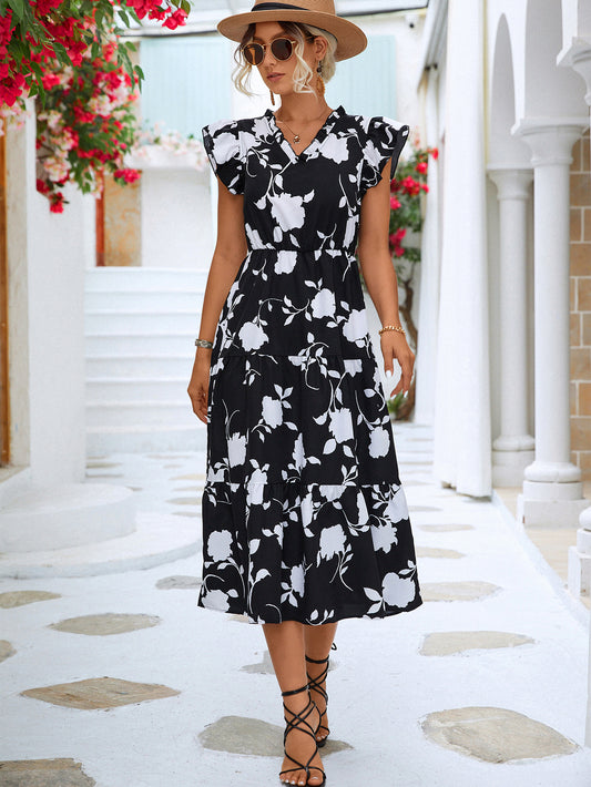 Women's Floral Frill Trim V-Neck Tiered Midi Dress