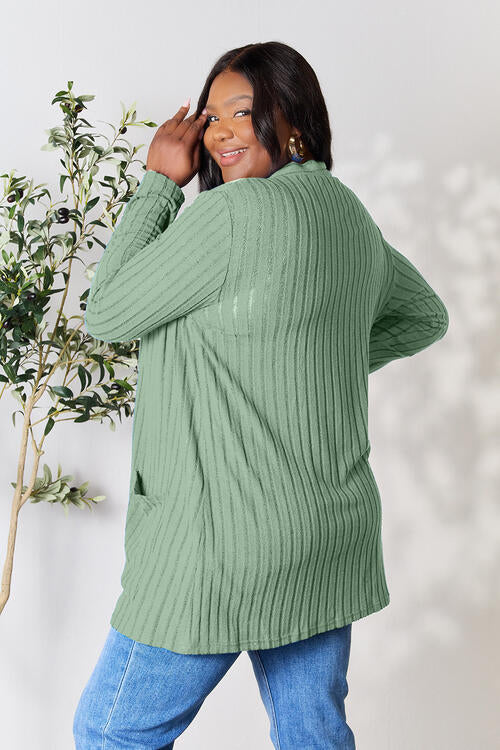 Basic Bae Full Size Ribbed Open Front Cardigan with Pockets *