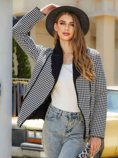 Aaliyah Black Full Size Houndstooth Open Front Long Sleeve Jacket