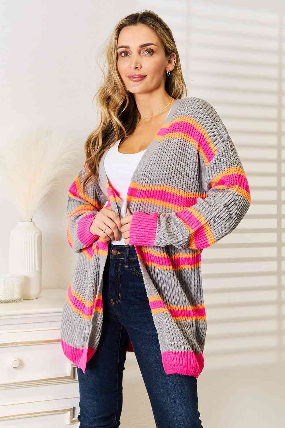 Woven Right Ribbed Long Sleeve Cardigan *