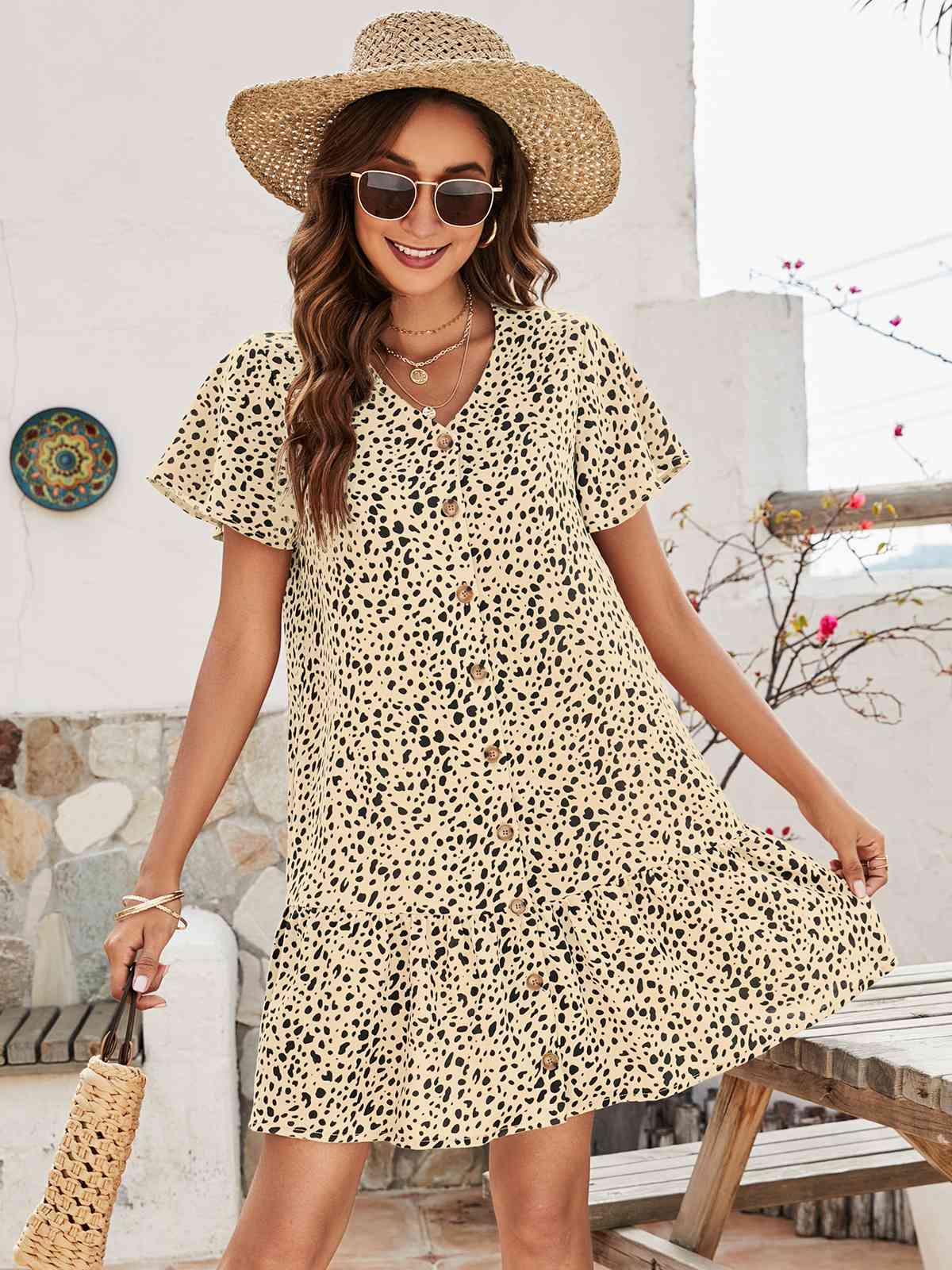 Women's Cressida Animal Print Button Front Flutter Sleeve Dress