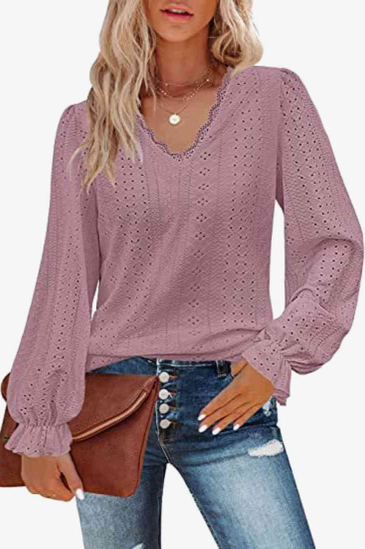 FULL SIZE Eyelet V-Neck Flounce Sleeve Blouse