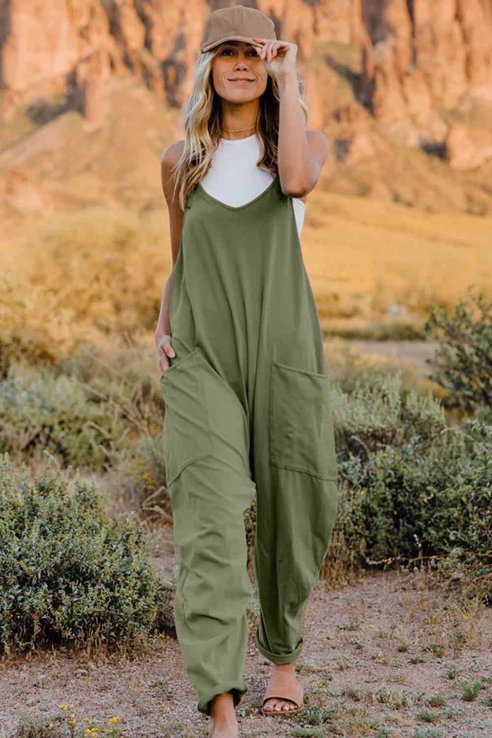 Double Take Full Size V-Neck Sleeveless Jumpsuit with Pockets *