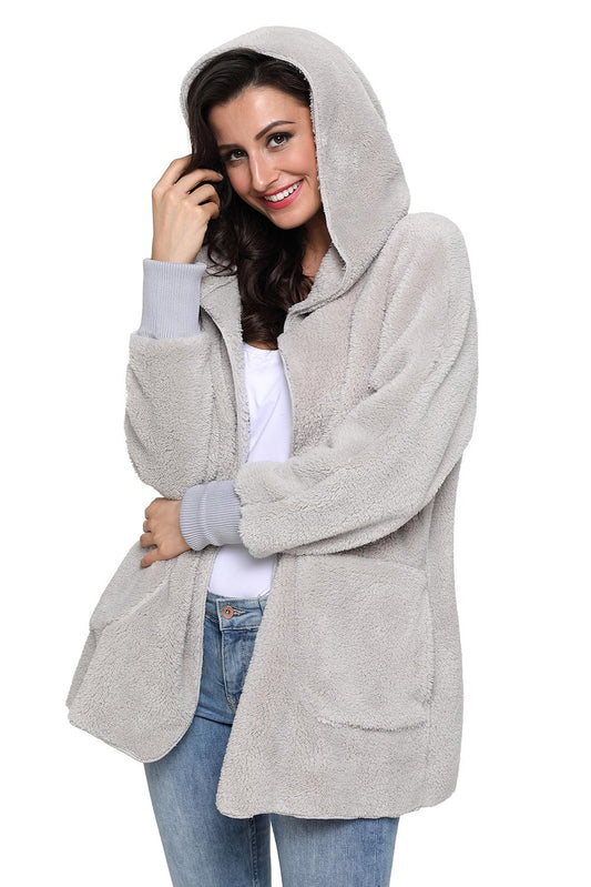 Women's Sophia & Grace Full Size Soft Fleece Hooded Open Front Coat