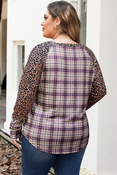 Women's Ava Plus Size Leopard Raglan Sleeve Plaid T-Shirt